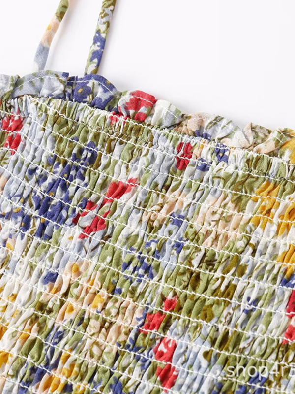 New French resort style pleated elastic waisted A-line skirt floral lace mid-length dress - Image 3