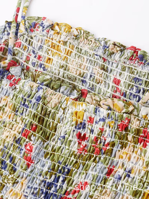 New French resort style pleated elastic waisted A-line skirt floral lace mid-length dress - Image 4