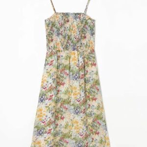 New French resort style pleated elastic waisted A-line skirt floral lace mid-length dress