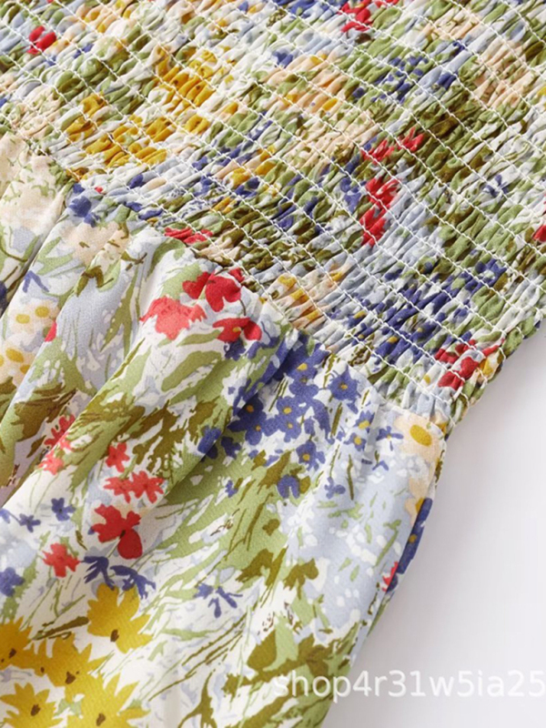 New French resort style pleated elastic waisted A-line skirt floral lace mid-length dress - Image 2