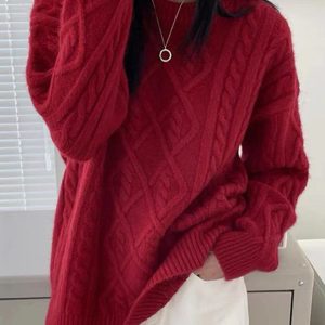 Women's long sleeve round neck twist loose sweater