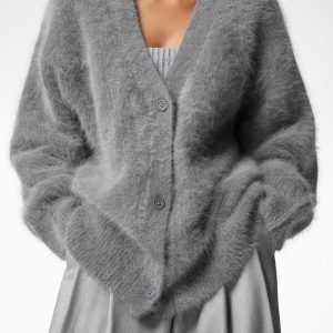 Women's loose long sleeve long wool V-neck sweater cardigan