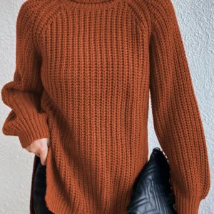 Women's casual pullover turtleneck slit loose sweater