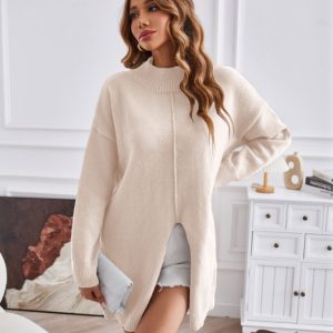 Women's half turtleneck slit pullover sweater