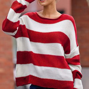 Women's rolled round neck striped color block sweater