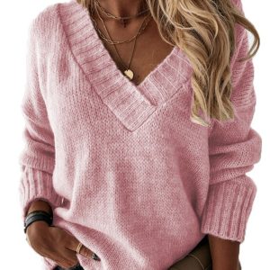 Women's V-neck long-sleeved pullover sweater top