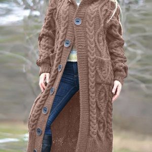 Women Woolen Knit Button Long Cardigan