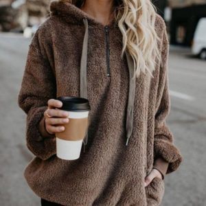 Women's hooded drawstring pocket sweatshirt fleece jacket