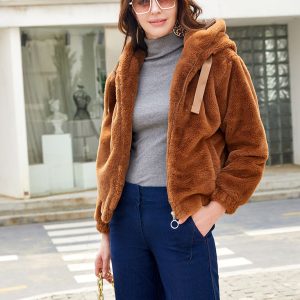 Plush hooded long sleeve warm short jacket