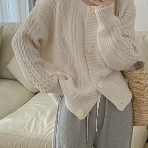 Women's twist button loose knitted cardigan