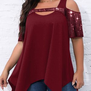 Short-sleeved women's sequined hollow Irregular wide hem T-shirt