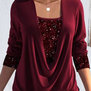 Long-sleeved women's large drop collar loose shirred fake two-piece top