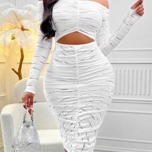 Sexy solid color one shoulder long sleeve hollow dress