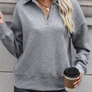 Women's new solid color lapel gray sweatshirt