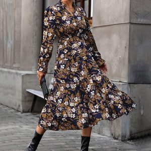 Women's new V-neck waist long-sleeved printed dress