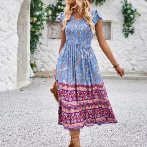 Printed V-neck flying sleeve bohemian dress