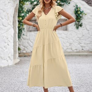Women's V-neck ruffle sleeve layered dress