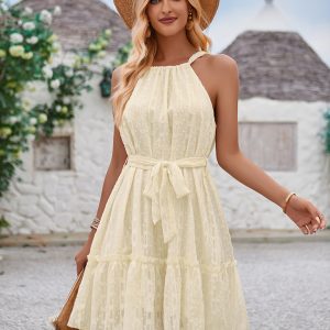 Solid Color Casual Halter Neck Sleeveless Waist Dress