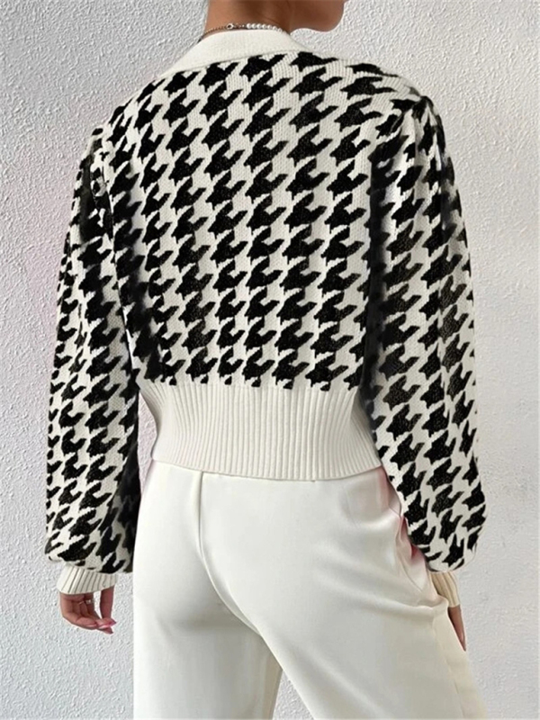 Houndstooth pattern lantern sleeve knitted cardigan sweater short coat - Image 12