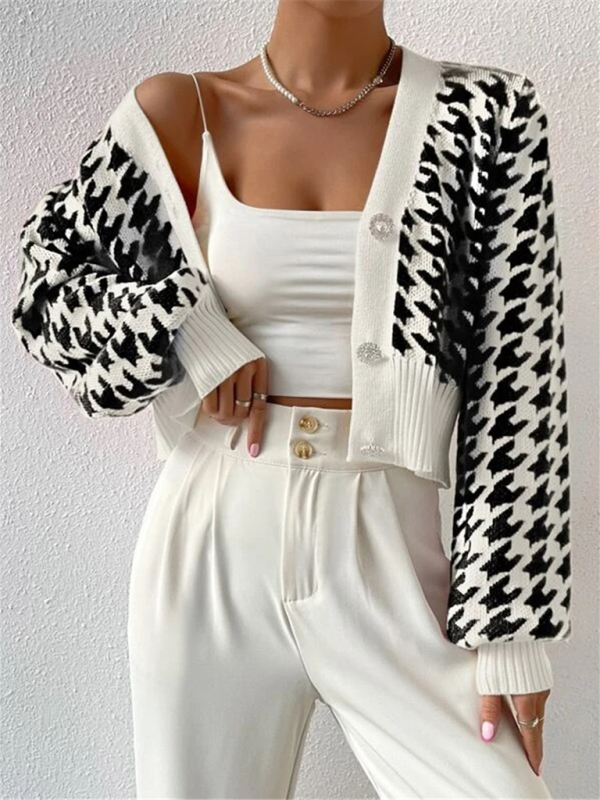 Houndstooth pattern lantern sleeve knitted cardigan sweater short coat - Image 9
