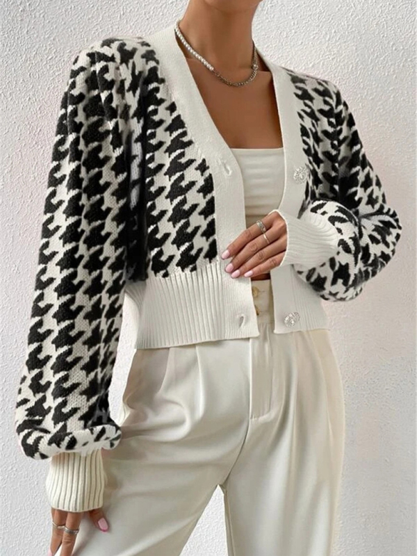 Houndstooth pattern lantern sleeve knitted cardigan sweater short coat - Image 11
