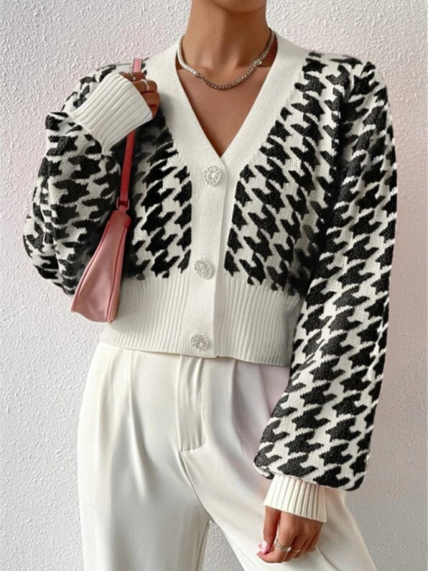 Houndstooth pattern lantern sleeve knitted cardigan sweater short coat - Image 10