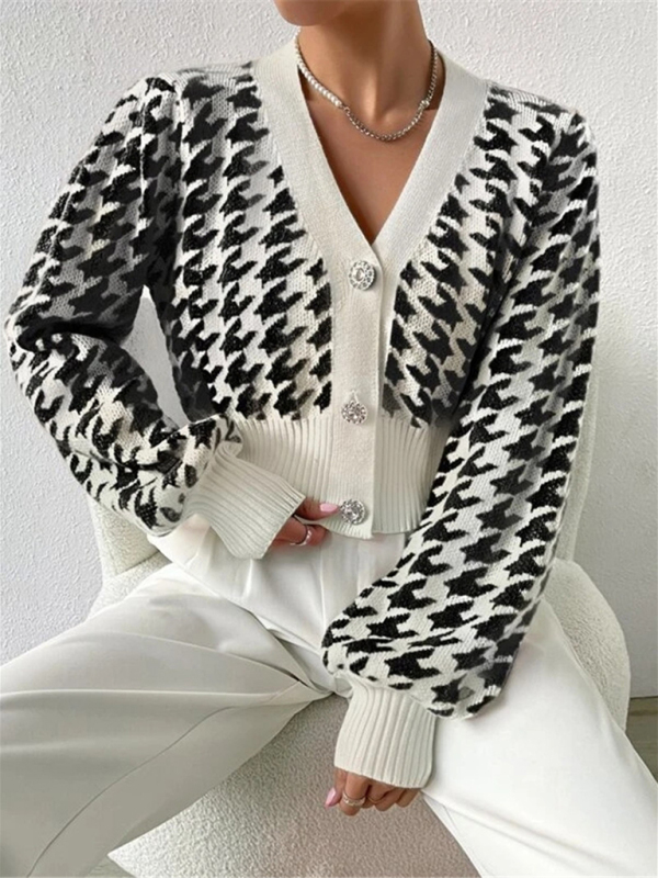 Houndstooth pattern lantern sleeve knitted cardigan sweater short coat - Image 2