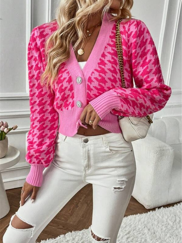 Houndstooth pattern lantern sleeve knitted cardigan sweater short coat - Image 15