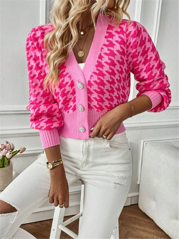 Houndstooth pattern lantern sleeve knitted cardigan sweater short coat - Image 13