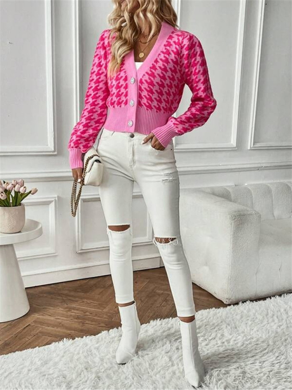 Houndstooth pattern lantern sleeve knitted cardigan sweater short coat - Image 14