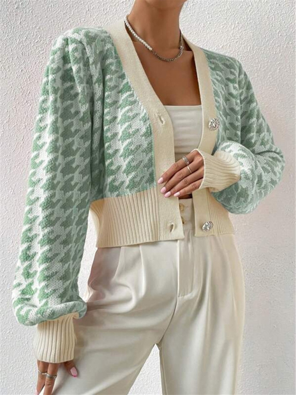 Houndstooth pattern lantern sleeve knitted cardigan sweater short coat - Image 19