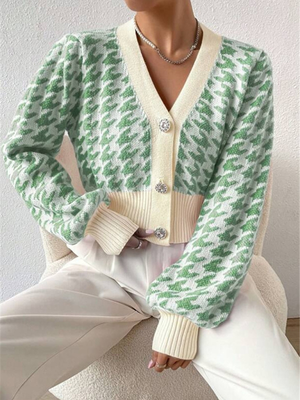 Houndstooth pattern lantern sleeve knitted cardigan sweater short coat - Image 4