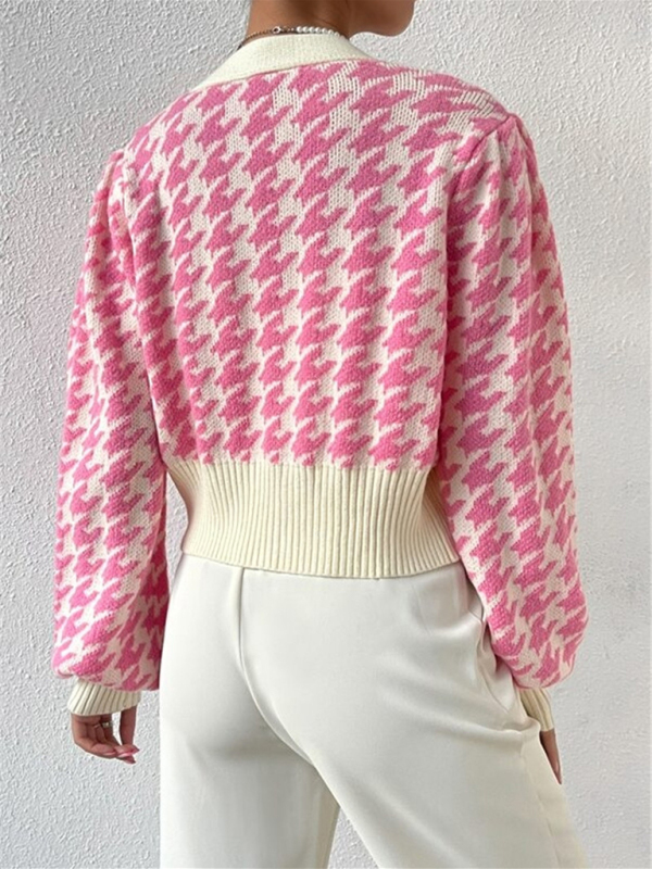 Houndstooth pattern lantern sleeve knitted cardigan sweater short coat - Image 5
