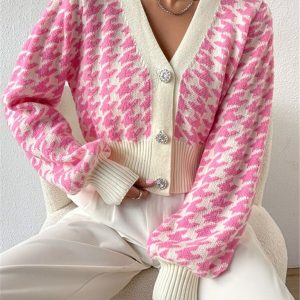 Houndstooth pattern lantern sleeve knitted cardigan sweater short coat