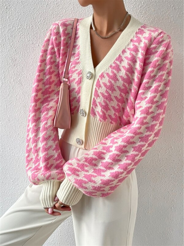 Houndstooth pattern lantern sleeve knitted cardigan sweater short coat - Image 6