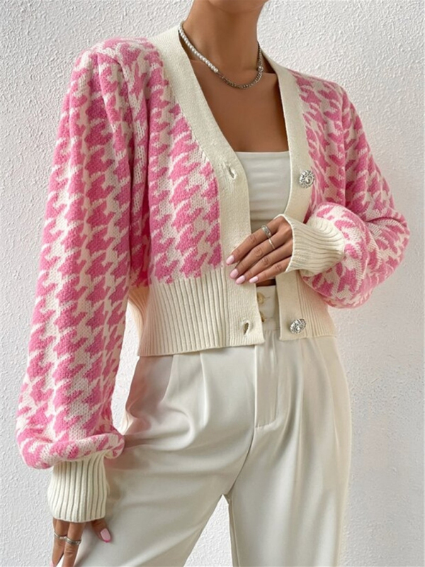 Houndstooth pattern lantern sleeve knitted cardigan sweater short coat - Image 8