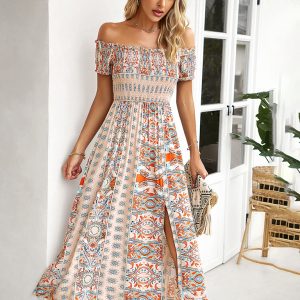 Women's one-shoulder bohemian slit dress