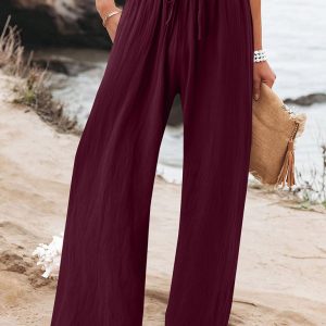 Elastic casual solid color wide leg trousers