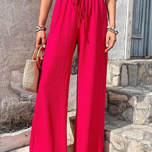 Elastic waist puff plaid casual wide leg pants