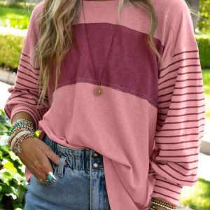Pullover round neck casual striped contrast long-sleeved T-shirt