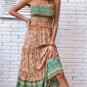 New women's casual holiday bohemian floral print suspender dress