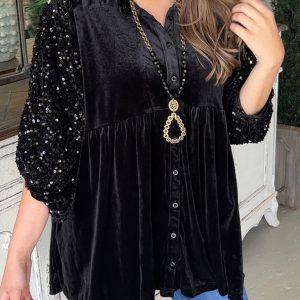 Women's V-neck long-sleeved buttoned sequin top