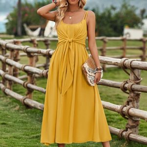 Women's ranch style solid color suspender tied waist dress