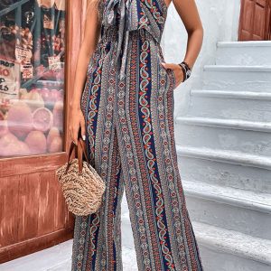 Women's suspender bohemian lace-up jumpsuit