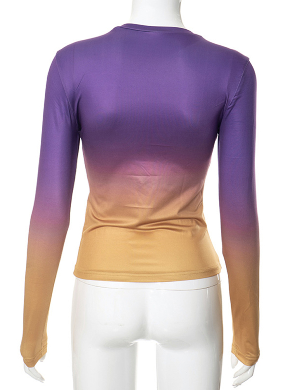 Gradient Round Neck Long Sleeve Basic Top - Image 2