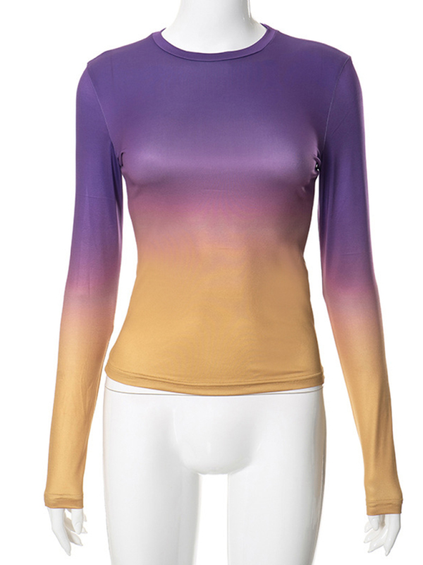 Gradient Round Neck Long Sleeve Basic Top - Image 4