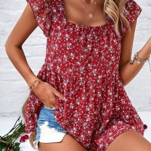 Women's elegant floral square neck ruffle top