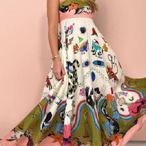 Women's New Sexy Cotton and Linen Suspender Graffiti Print Sleeveless Swing Dress