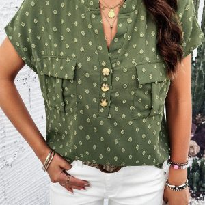 Women's new temperament casual jacquard V-neck button top