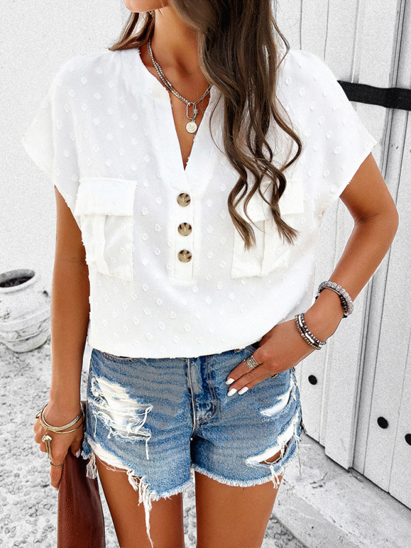 Women's new temperament casual jacquard V-neck button top - Image 17